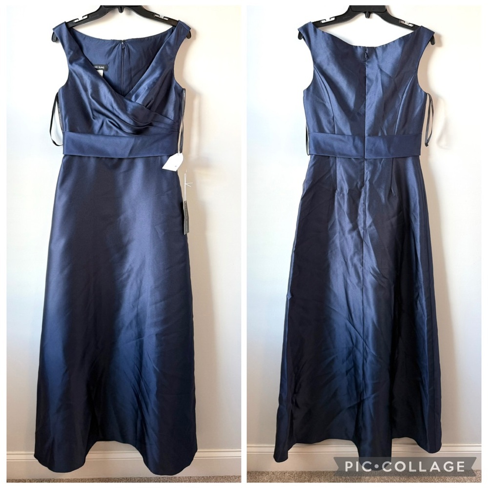 ALFRED SUNG Navy Blue Satin Off-Shoulder Maxi Dress - Picture 2 of 7